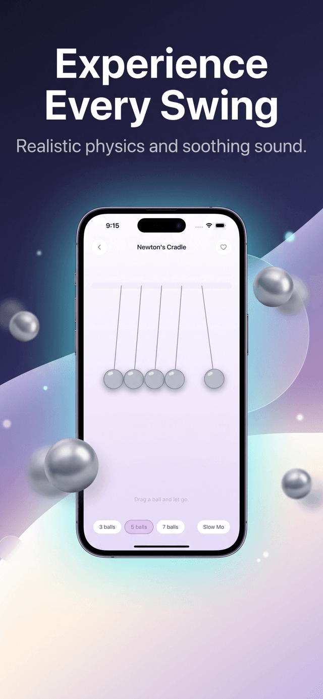 Brexa's Newton's Cradle experience with five swinging balls, a drag-and-release prompt, and ball count and slow-motion options.