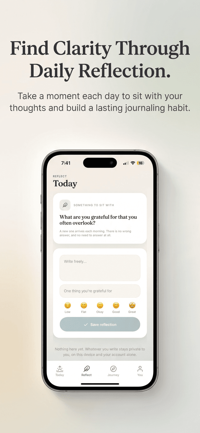 Lifinite reflection screen with the day's prompt, a free-writing field, a gratitude field, five mood faces from Low to Great, and a save button.