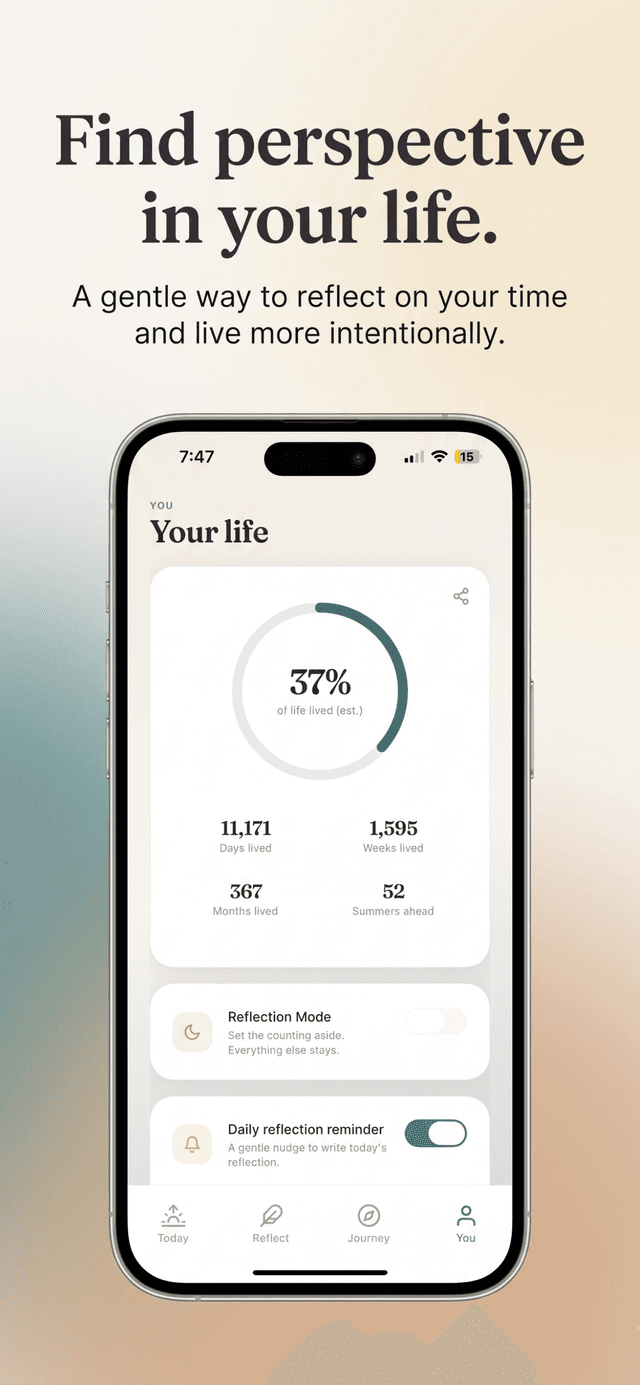 Lifinite Your life screen showing an estimated percentage of life lived, counts of days, weeks, and months lived alongside summers ahead, and toggles for Reflection Mode and the daily reminder.
