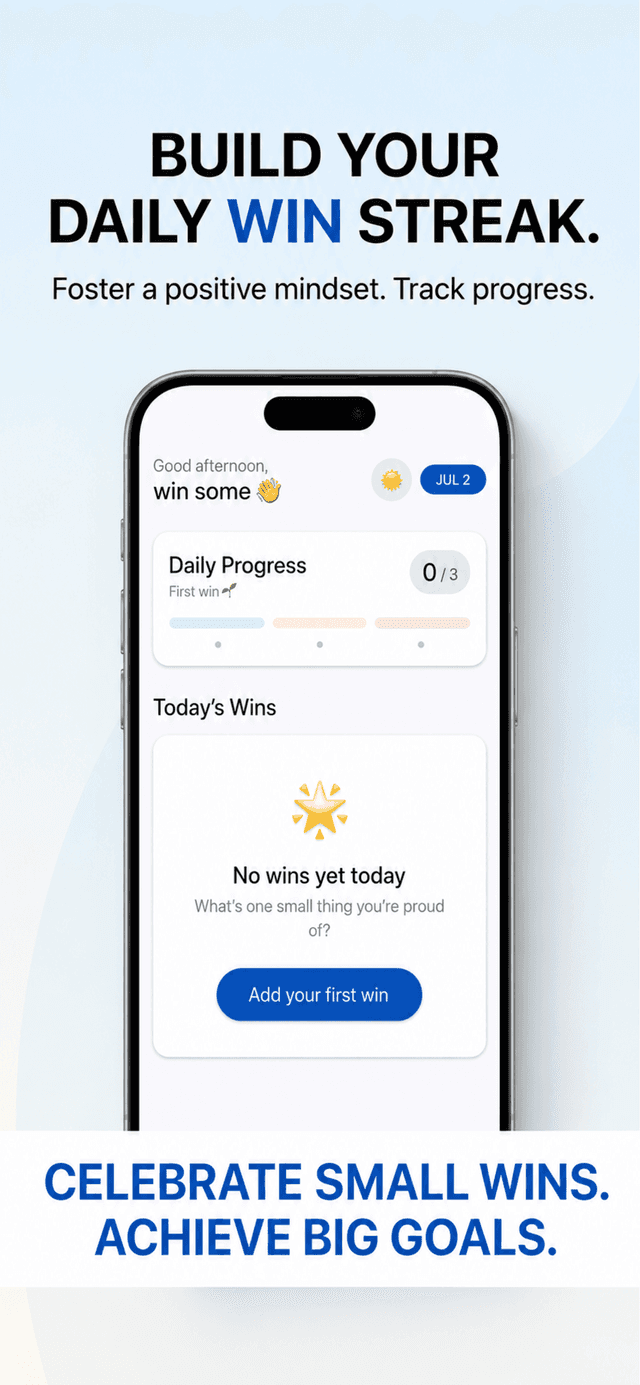 Winsome home screen showing daily progress (0 of 3 wins) and today's wins list, empty and prompting the first entry.