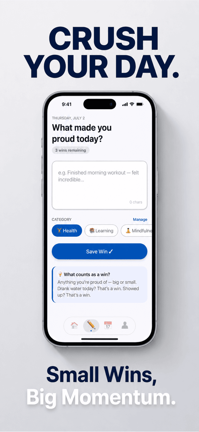 Winsome's add-a-win screen with a text field for what made you proud today, category selector, and a save button.