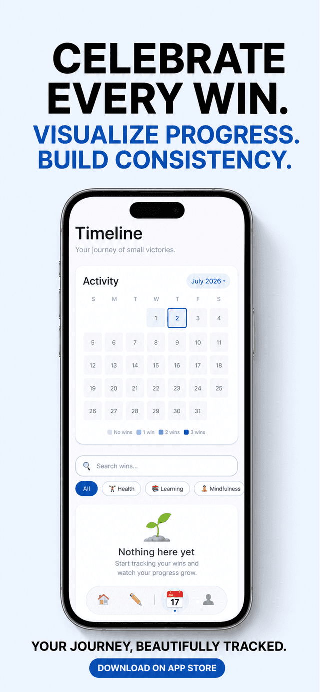 Winsome's timeline screen showing a monthly activity calendar colored by win count, with search and category filters.