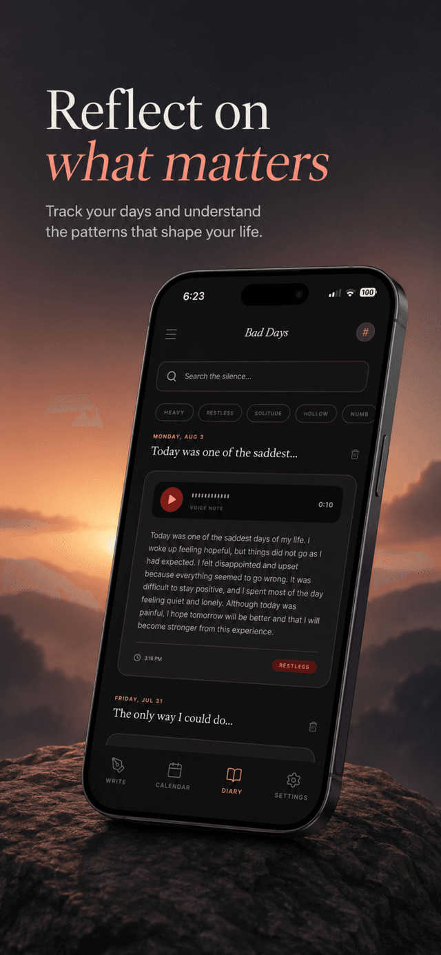 Bad Days diary screen with a search field, emotional state filters for Heavy, Restless, Solitude, Hollow, and Numb, and an entry containing a voice note and written reflection tagged Restless.